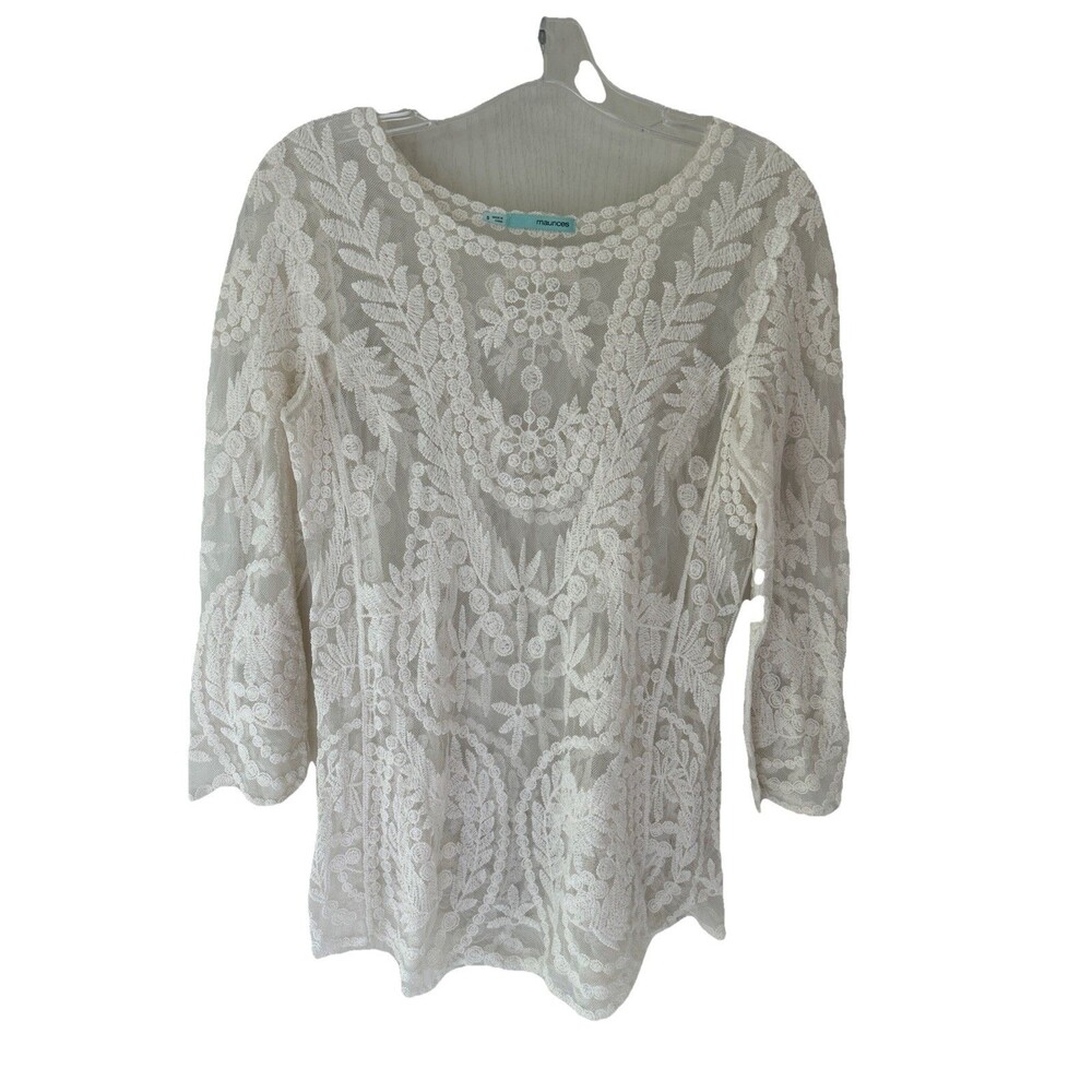 Maurices Womens S Beige Sheer Open Lace Crochet Top Cover Up Whimsycore Boho - Picture 2 of 11